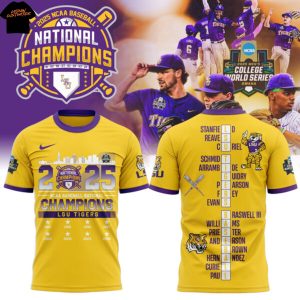 2025 LSU Tigers 2025 NCAA Division National Champions 3D T-Shirt – Gold