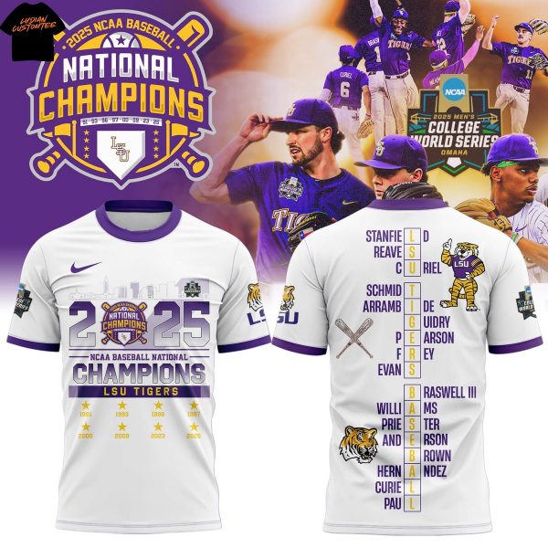2025 LSU Tigers 2025 NCAA Division National Champions 3D T-Shirt – White