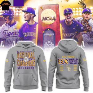 LSU Tigers Baseball 2025 NCAA Baseball Men College 8x World Series Champions Hoodie – Grey