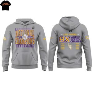 LSU Tigers Baseball 2025 NCAA Baseball Men College 8x World Series Champions Hoodie – Grey