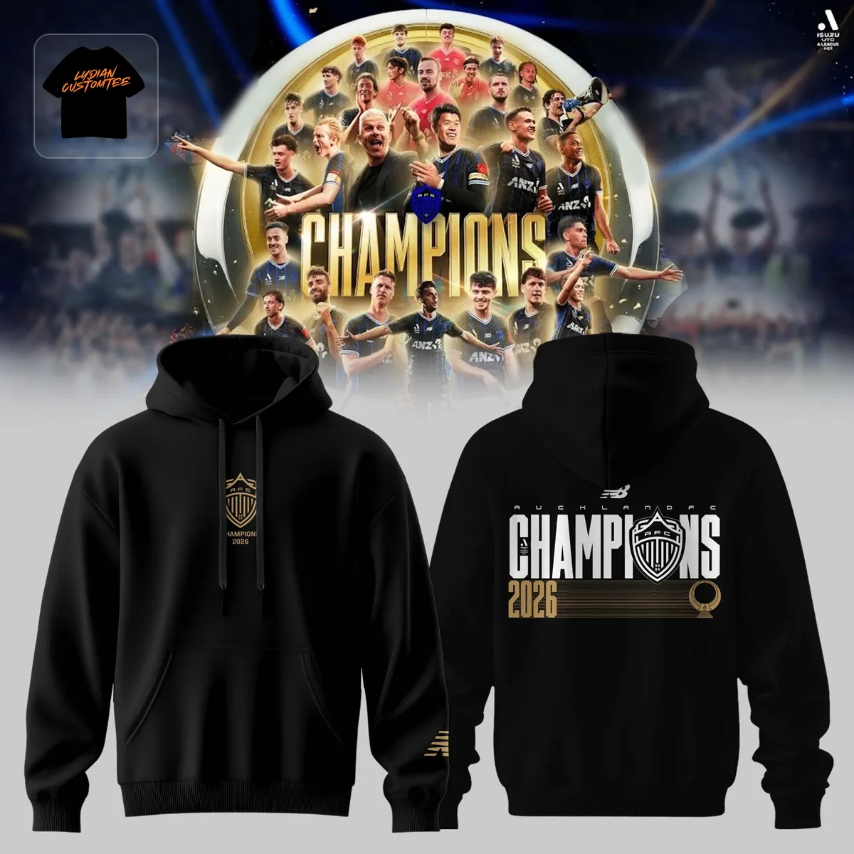 Auckland FC A-League Champions 2026 Commemorative Black Graphic Pullover Hoodie Auckland FC A-League Champions 2026 Commemorative Black Graphic Pullover Hoodie