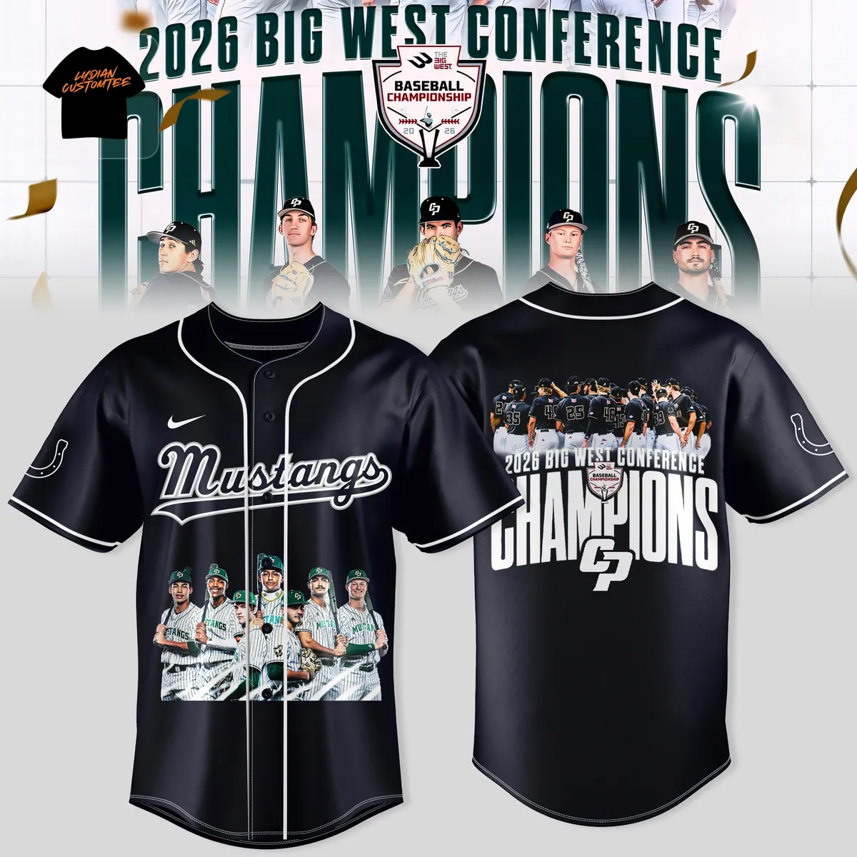 Cal Poly Mustangs 2026 Big West Champions Commemorative Black Baseball Jersey Cal Poly Mustangs 2026 Big West Champions Commemorative Black Baseball Jersey