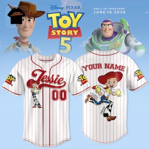 Disney Pixar Toy Story 5 Jessie Cowgirl Personalized Name Red Pinstripe Baseball Jersey