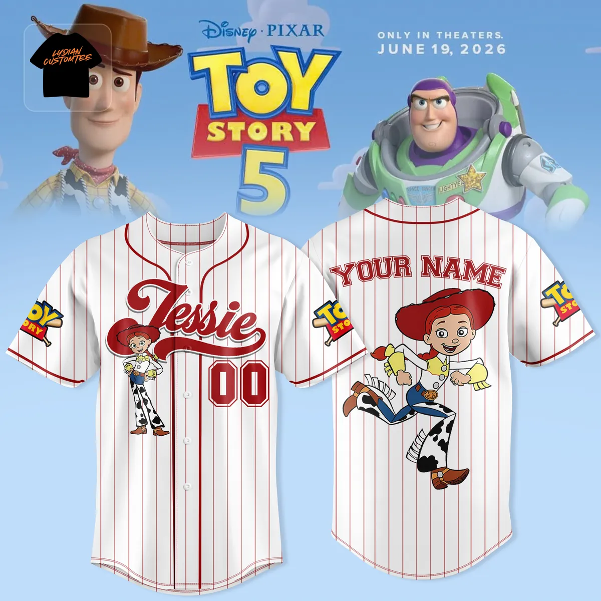 Disney Pixar Toy Story 5 Jessie Cowgirl Personalized Name Red Pinstripe Baseball Jersey Disney Pixar Toy Story 5 Jessie Cowgirl Personalized Name Red Pinstripe Baseball Jersey
