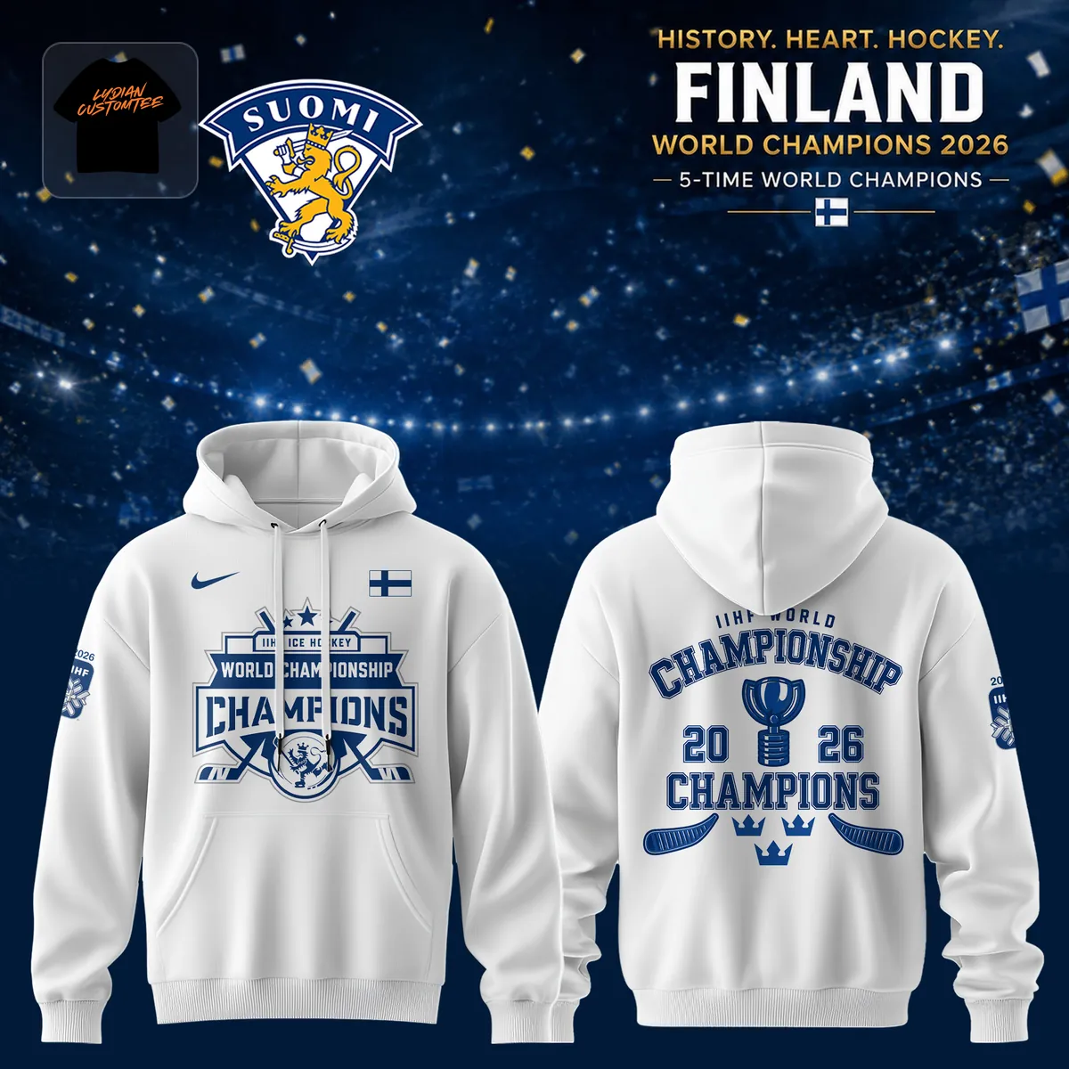 Finland Ice Hockey World Champions 2026 Commemorative Graphic Pullover Hoodie Finland Ice Hockey World Champions 2026 Commemorative Graphic Pullover Hoodie