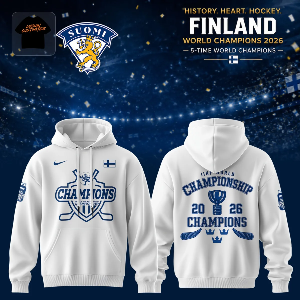 Finland Suomi Ice Hockey 2026 World Champions Commemorative White Pullover Hoodie Finland Suomi Ice Hockey 2026 World Champions Commemorative White Pullover Hoodie