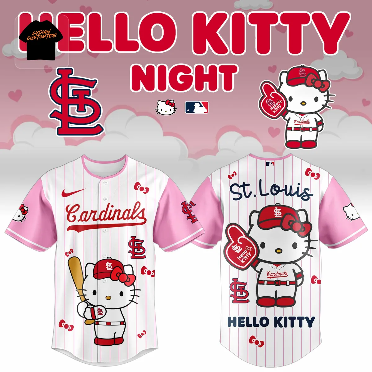 Hello Kitty St. Louis Cardinals Limited Edition Pink Pinstripe Baseball Jersey Hello Kitty St. Louis Cardinals Limited Edition Pink Pinstripe Baseball Jersey