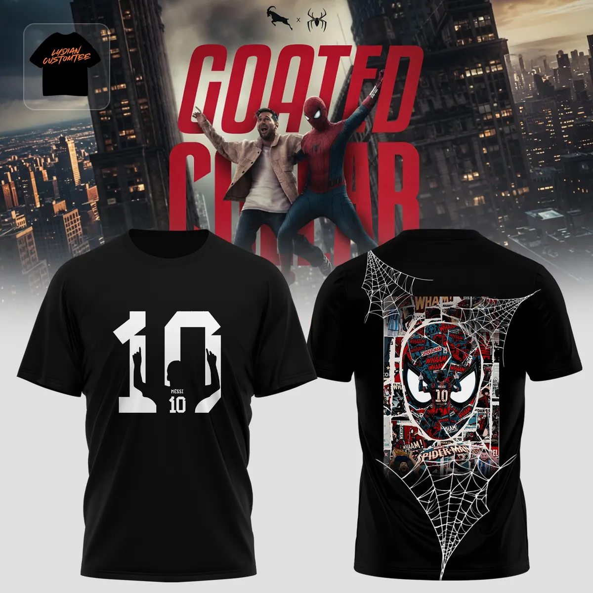Messi x Spider-Man Goated Collab Double-Sided Premium 3D T-Shirt Messi x Spider-Man Goated Collab Double-Sided Premium 3D T-Shirt