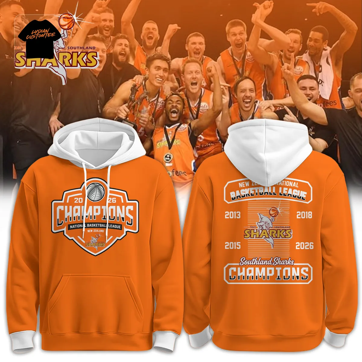 Southland Sharks 2026 NBL Champions Commemorative Orange Graphic Pullover Hoodie Southland Sharks 2026 NBL Champions Commemorative Orange Graphic Pullover Hoodie